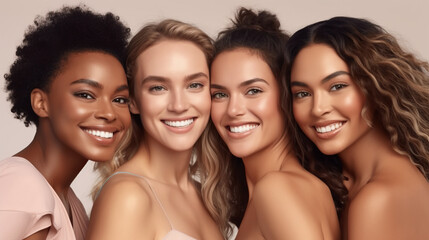 Fashion Beauty Ad or Campaign featuring different skin tones.  Happy and Smiling young looking woman, beauty health skincare and cosmetics advertisement commercial.