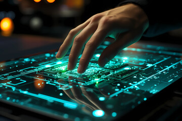 Naklejka premium Concept of control system, internet, cyber security. Hand on glowing display