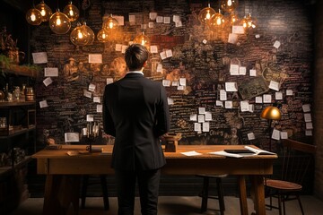 On a grungy wall, a businessman in a suit is writing a business plan..