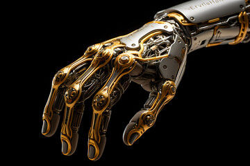 Bionic robot hand on black background isolated object. Future android robot concept