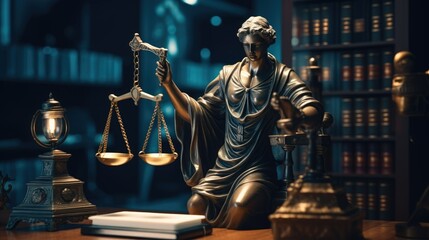 lawyer office statue of justice with scales and lawyer - obrazy, fototapety, plakaty