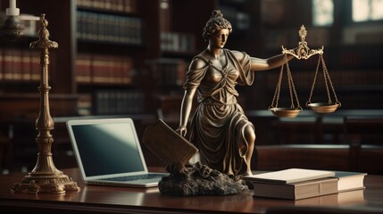 lawyer office statue of justice with scales and lawyer - obrazy, fototapety, plakaty