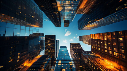 Looking directly up at the skyline of the financial district. Generative AI
