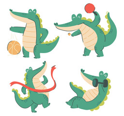 Crocodile cartoon characters . Sport concept . Hand drawn style . White isolate background . Vector .