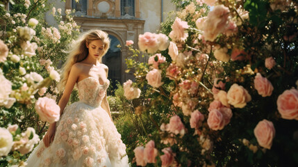 Beautiful bridal fashion photography with model in a garden of flowers. Made with Generative AI
