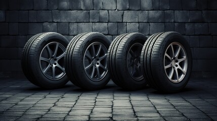 new car tires on concrete background
