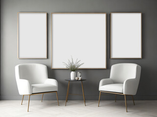 Modern interior with two empty frames and double chairs.