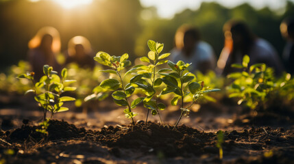 Inspiring diversity in teamwork as employees plant a tree under the benevolent, corporate sun-logo symbolizing unity, growth and positive environmental impact.