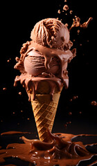  Chocolate ice cream globes in a crunchy cone Creative food photography - obrazy, fototapety, plakaty