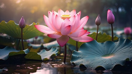 Pink lotus flower in the morning