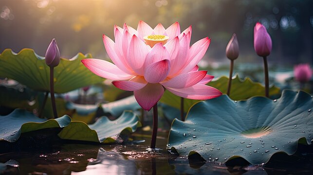 Pink lotus flower in the morning