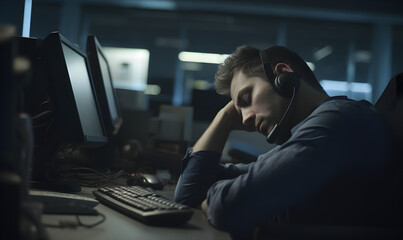 Call center employee agent has fallen asleep lying on his desk. Tired, exhausted call center or telemarketing operator with work burnout. - obrazy, fototapety, plakaty