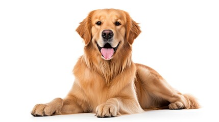 purebred  golden retriever dog sitting on isolated whit - obrazy, fototapety, plakaty
