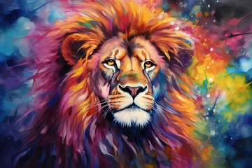 Gardinen A vibrant lion painting on a colorful background © Virginie Verglas