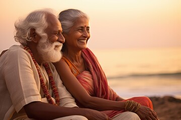 A happy Indian couple sit smiling on a beach.