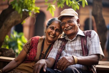 An older Indian couple sitting on a bench. Smiling. 