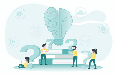 Brainstorming and FAQ concept. Business people ask questions, answer, analysis, survey, problem solving, thinking outside box. Half light bulb and half brain creativity and innovation.