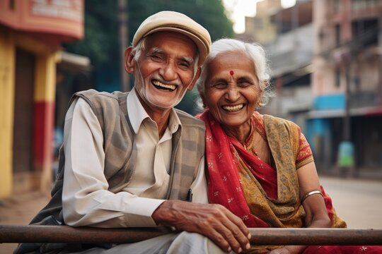 An Older Indian Couple Sitting On A Bench. Smiling. 