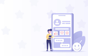 Customer satisfaction and respond concept. Customer reviews, feedback, survey, complaint, social media. Survey by star rating, comment loyalty program. Flat vector design illustration with copy space.