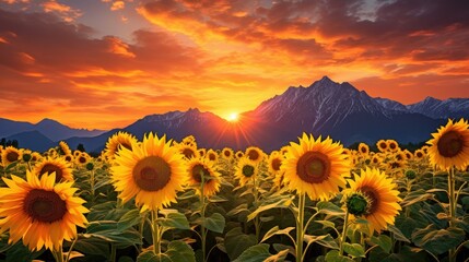 Sunflowers with a mountain  in the background