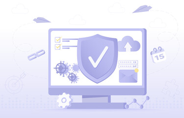 Data protection concept. Safety and security technology, password protection, firewall, sensitive data, antivirus system, access to account, backup. Flat vector design illustration.