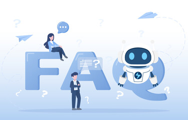 Artificial intelligence (AI) technology and FAQ concept. Ask questions, answer, analysis, survey, opinions, investigate to solve problems. Flat vector design illustration.