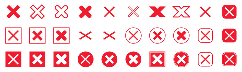 Red cross icon. Red x sign set. No symbol sign, wrong sign vector button. X cross shape for checkbox or box isolated white background. eps 10 vector