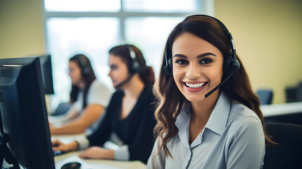 Happy office workers in telemarketing or call center office. Female operator with headphones and microphone smiling, looking into the camera. 