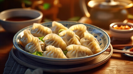 gyoza or dumplings snack with soy sauce made with generative ai