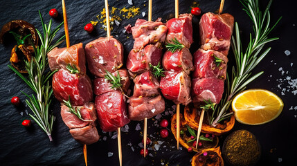 Shish kebab with steak and rosemary.  Grilled meat skewers made with generative AI