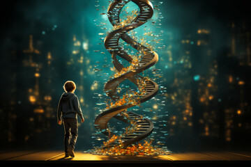 Emotional depiction of a young boy climbing a DNA structure like stairs, symbolizing genetic heritage research, paternity testing and genealogy in orphanhood. - obrazy, fototapety, plakaty