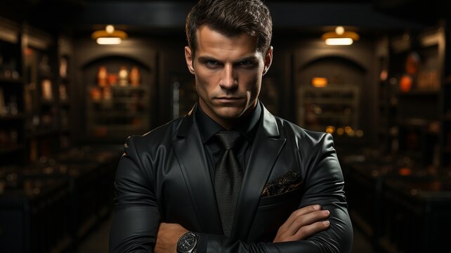 Black-suited man standing by for combat.