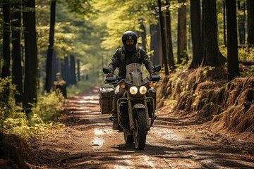 On the wooded road, a man is seated on a motorbike..