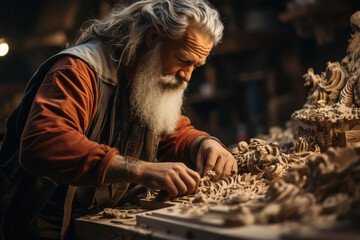 Obraz premium Artisan Craftsmanship. Craftsman working on a woodworking project, showcasing the dedication to handcrafted creations. Generative AI.