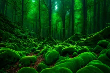 Fotobehang A dense, emerald-green moss-covered forest floor. © Muhammad