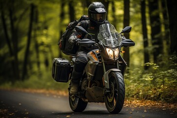 Fototapeta premium On the wooded road, a man is seated on a motorbike..