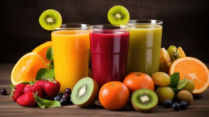 various healthy juices with fresh fruits