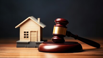 wooden judge gavel and cottage house