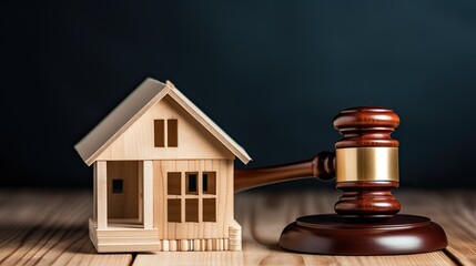 wooden judge gavel and cottage house