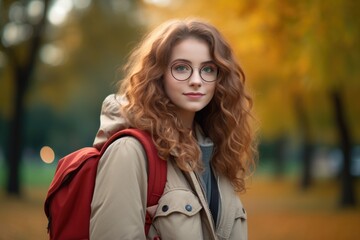 A student girl with a backpack and glasses in the park in autumn