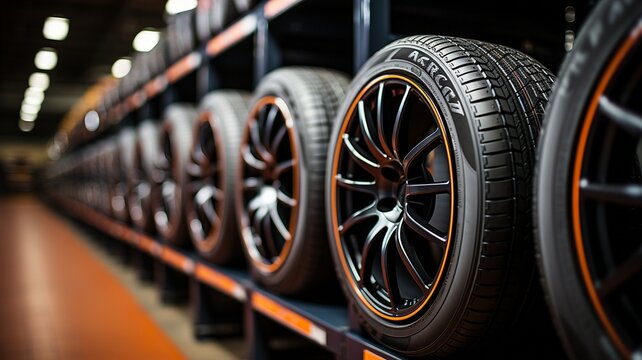 Activities and Transportation group of fresh tyres for sale at a tyre shop; tyre rubber products.