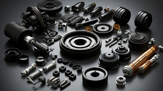 on a white background, various auto components and accessories.