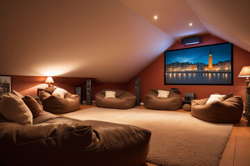 Cozy attic converted into a home cinema, plush bean bags and classic film posters on the wall - obrazy, fototapety, plakaty