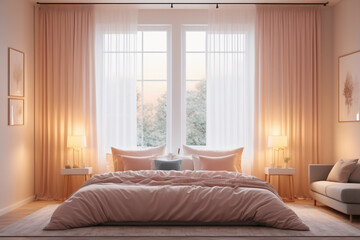 Bedroom setting during dusk, cozy bed with fluffy duvets and a soft glow from an adjacent window