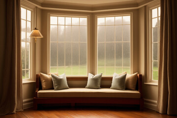 Obraz premium A snug reading nook by a bay window with rain gently tapping on the pane