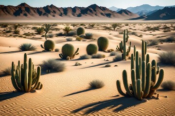 A blank canvas into a scene of a peaceful desert landscape with cacti and sand dunes.