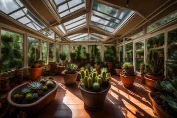 Fototapeta na wymiar A sunroom filled with potted succulents of various shapes and sizes.