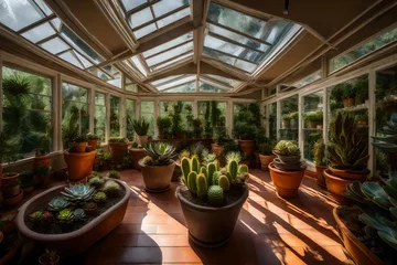 Fotobehang A sunroom filled with potted succulents of various shapes and sizes. © Muhammad