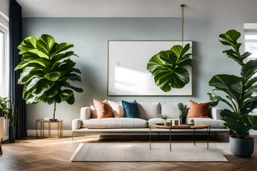 Tuinposter A blank canvas into a scene of a modern living room with a fiddle leaf fig as a focal point. © Muhammad
