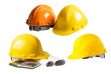 Fototapeta premium Helmet and Architectural and house plan project blueprint with calculator isolated on white background.